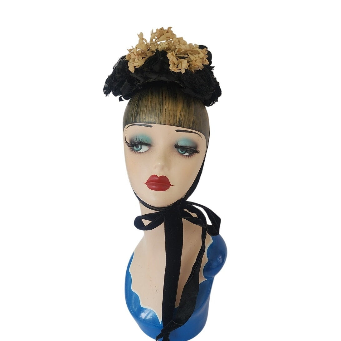 Antique Victorian Hat Black Satin w/Cream Silk Flowers