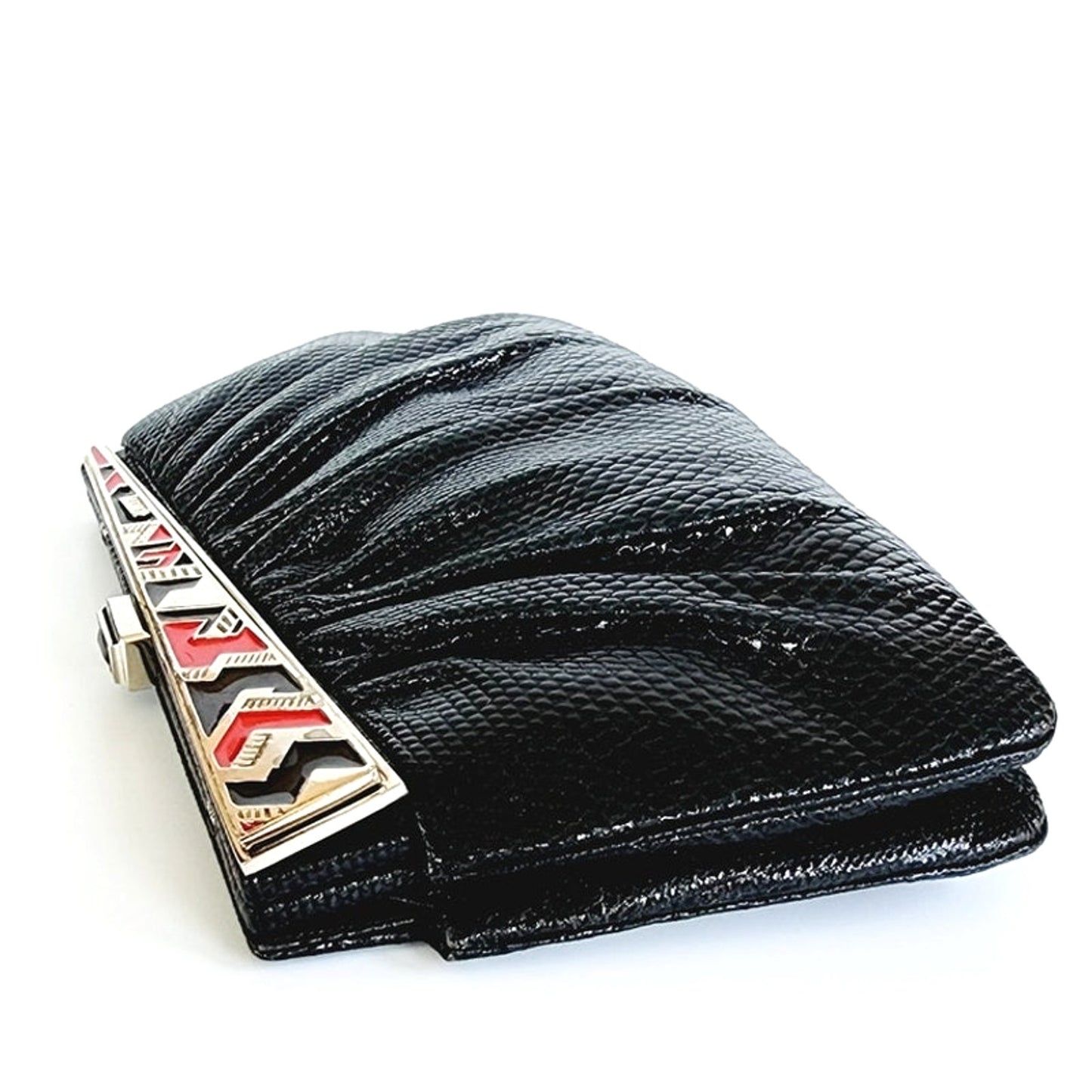 Vintage1980s Judith Leiber Bag Black Lizard w/Enamel Art Deco Panel