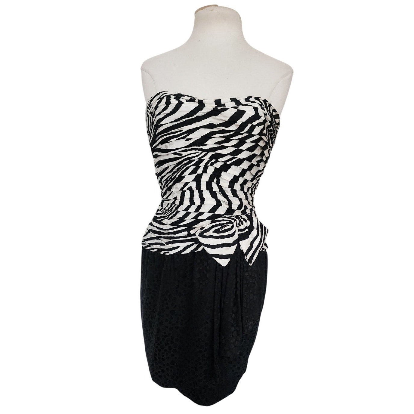 Vintage 1980s AJ Bari Strapless Dress + Bolero Jacket Suit Set Zebra Print Black White Silk / M