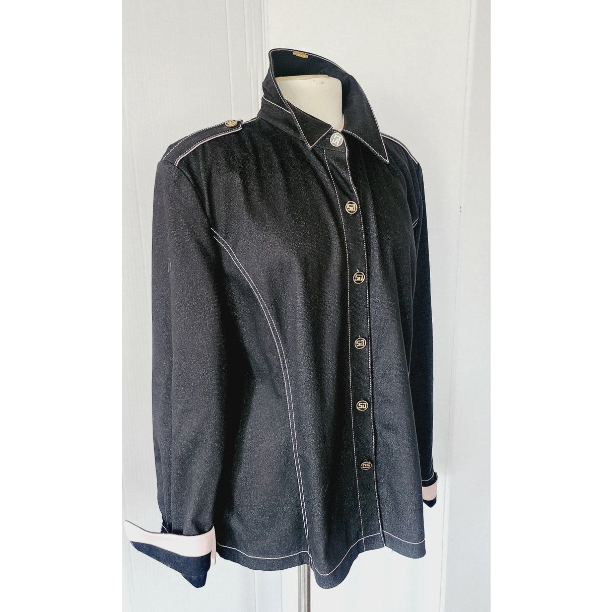 St John Sport Jacket Black Denim Button Down / Large