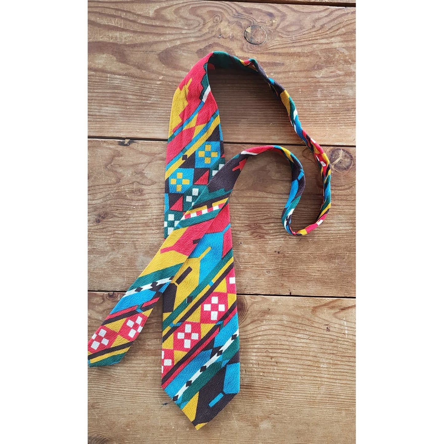 Vintage 60s Mens Tie Colorful Barkcloth MCM Print Geometric