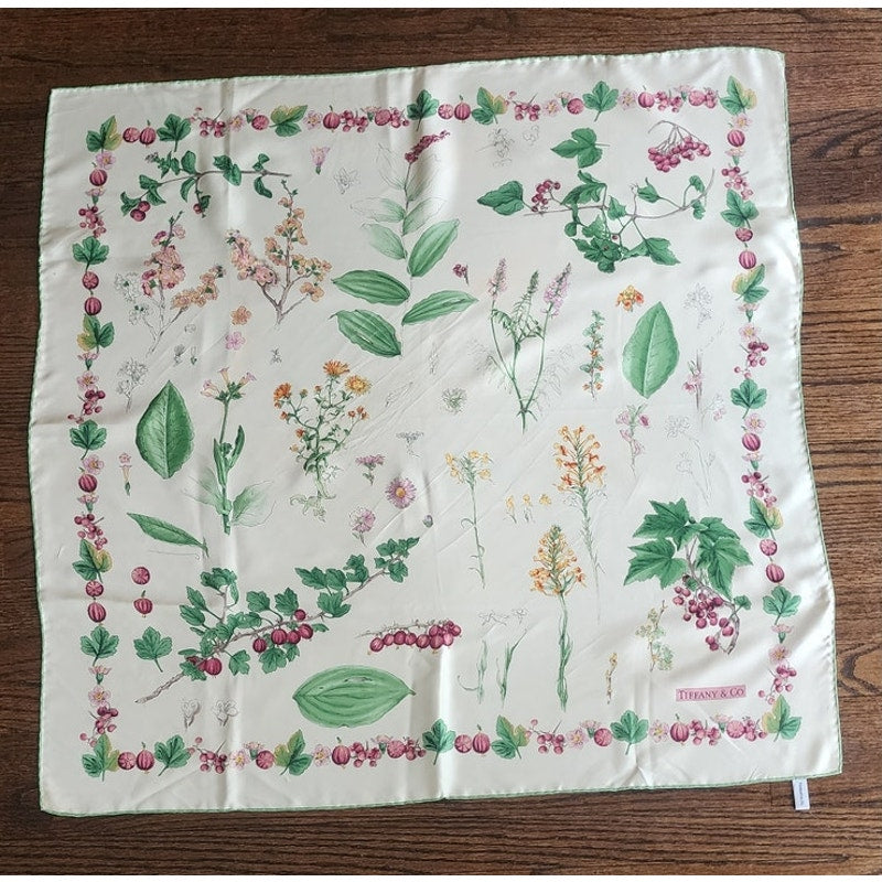 Vintage Tiffany & Co. Scarf Silk Square Botanical Floral Theme Green Cream