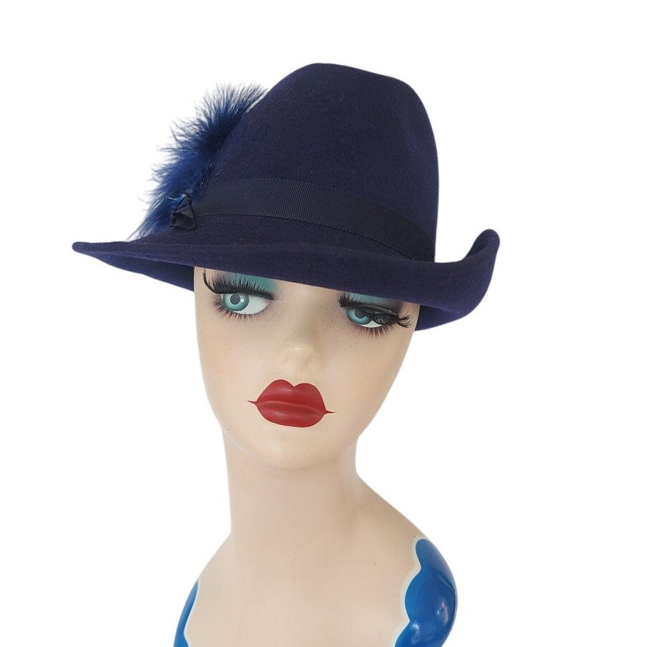 Vintage 1970s Ladies Fedora Blue Wool w/Feather Tally-Ho
