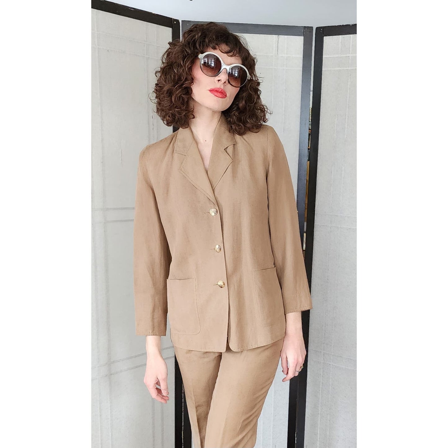 Vintage 80s Pants Suit Brown Cotton Summer Style