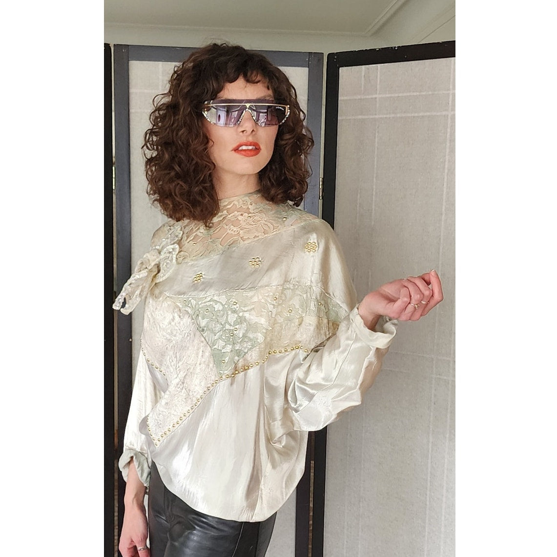 Vintage 80s Maick Harold Blouse Tunic Velvet Lace Sequins Applique Embroidery