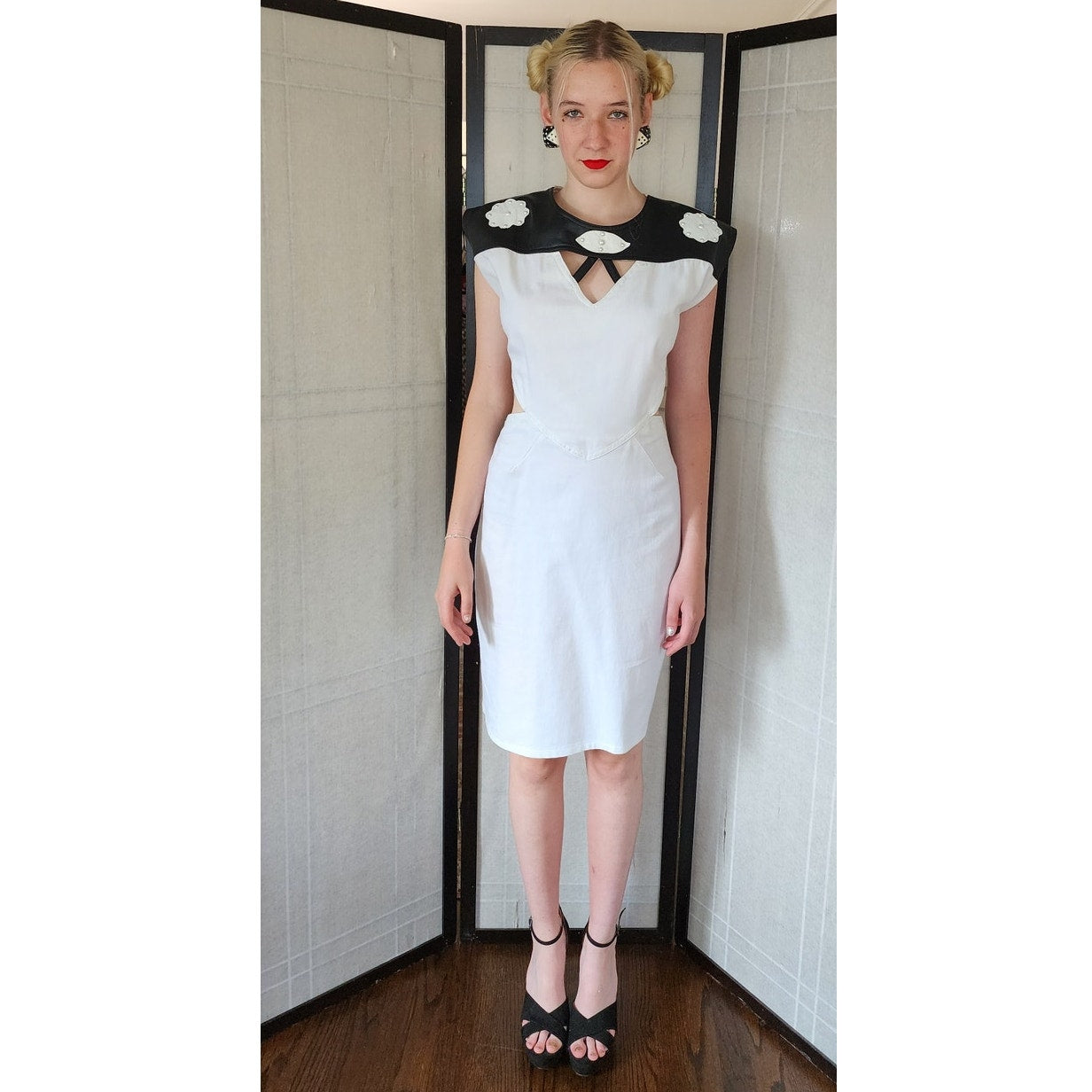 Vintage 80s Dress White Cotton Black Leather w/Cut Outs & Open Back