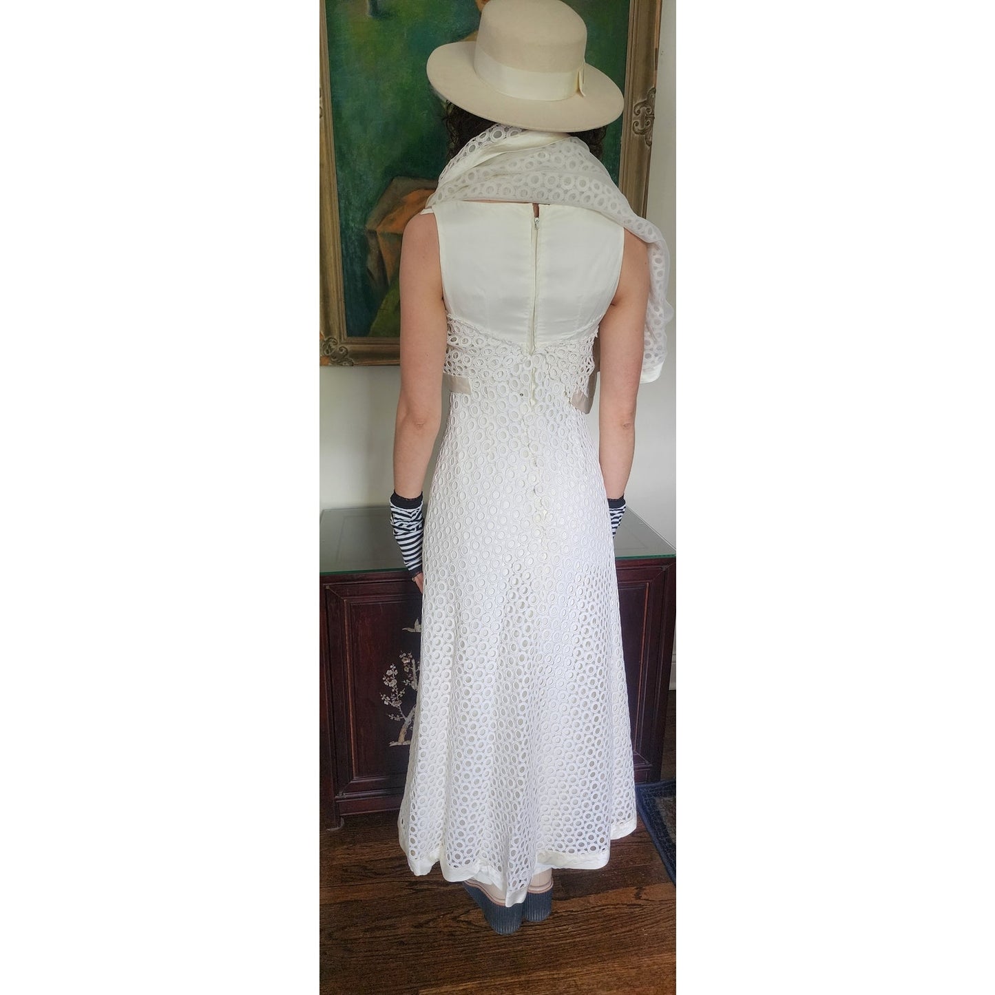 Vintage 70s White Maxi Dress Openwork Crochet Bridal Dress w/Capelet