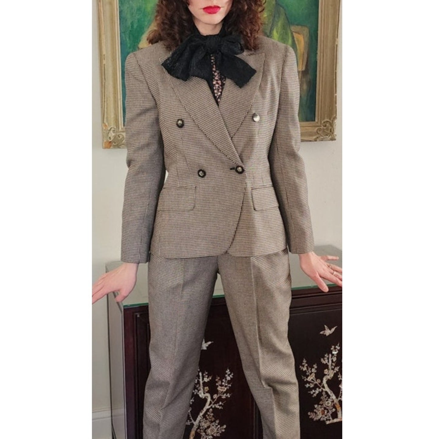 Vintage 90s Pant Suit Houndstooth Wool Jones New York / S