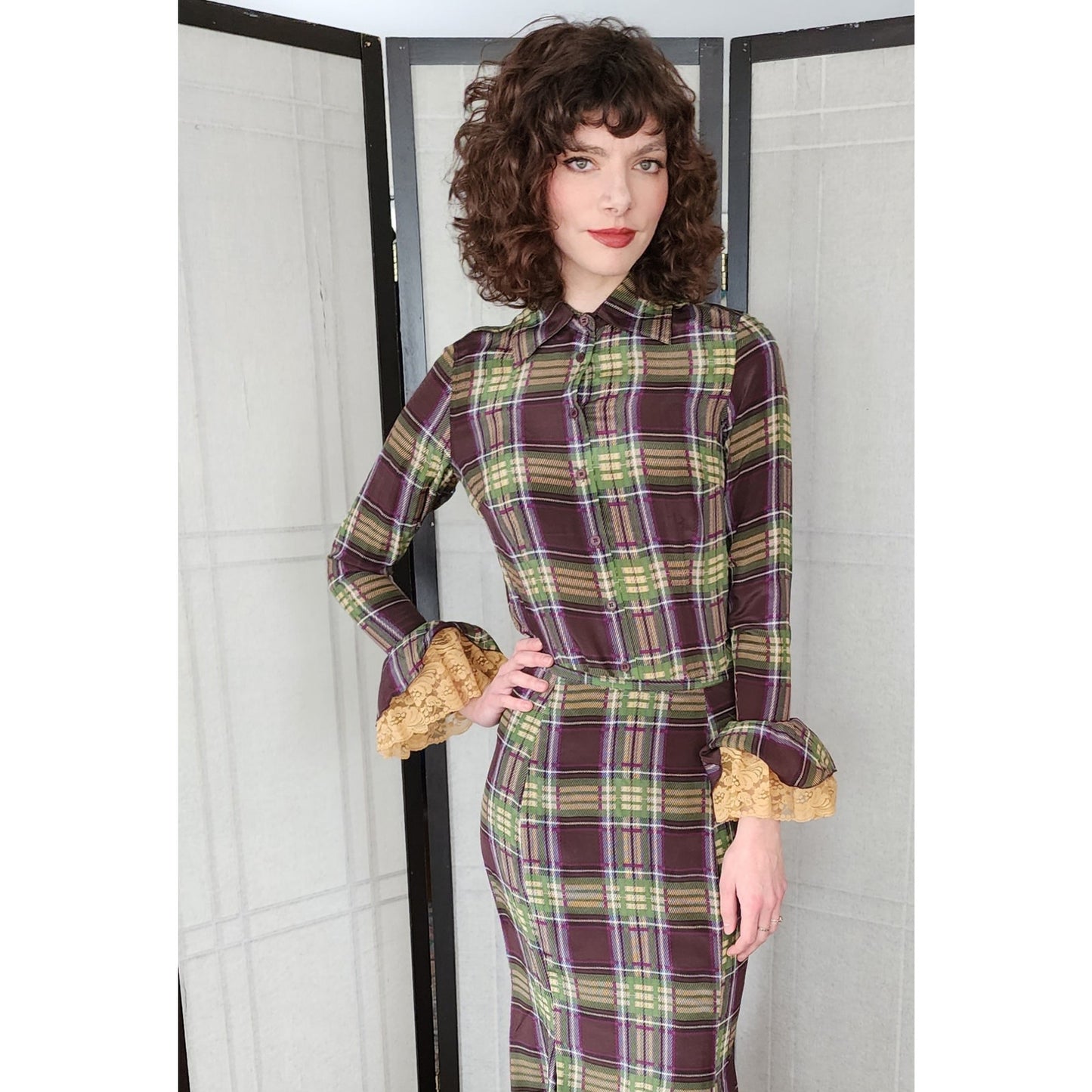 Vintage 90s Plaid Silk Skirt Suit Lace Trim Blouse Newport News