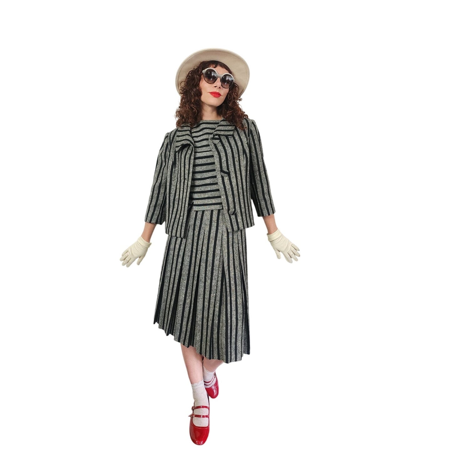 Vintage 1960s Sybil Connolly Skirt Suit Gray Black Striped Wool / Small