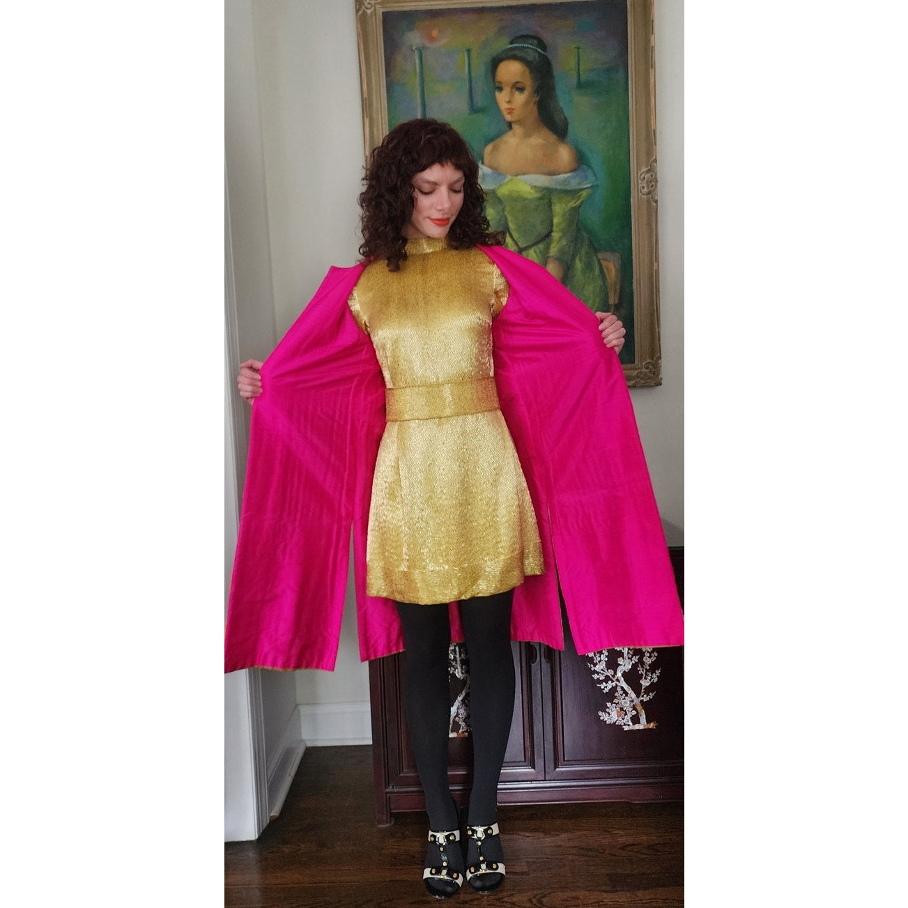 Antique Silk Patchwork Coat Artistinal Boho Gold Fuschia Folk Geometric