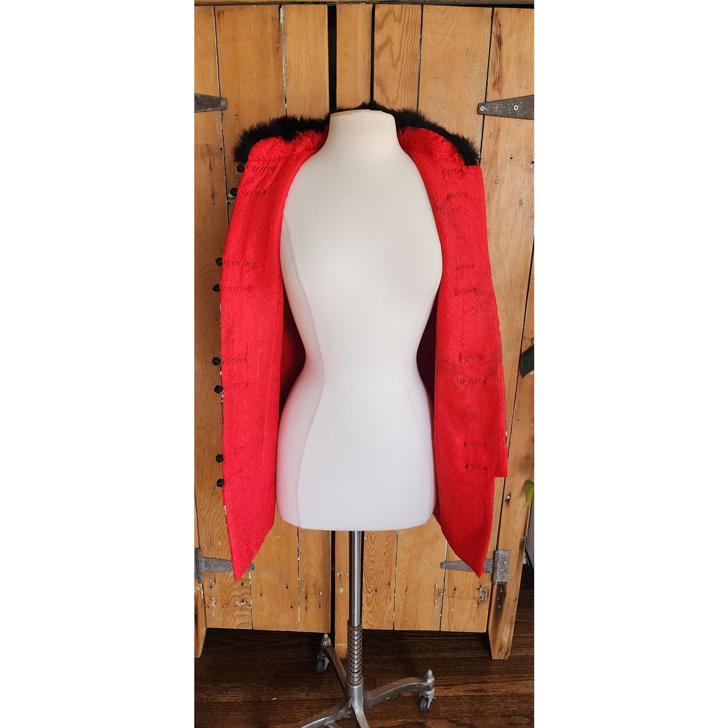 Chinese Costume Style Vest Waistcoat Rabbit Fur Trim Quilted Red Floral Print / XL