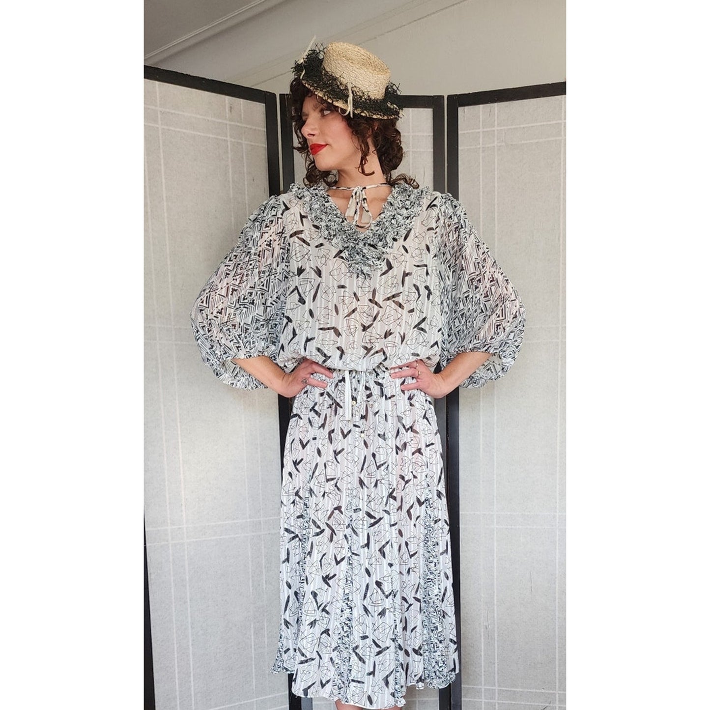 Vintage 1980s Diane Freis Fishtail Skirt Blouse Set Black White Georgette Graphic Print