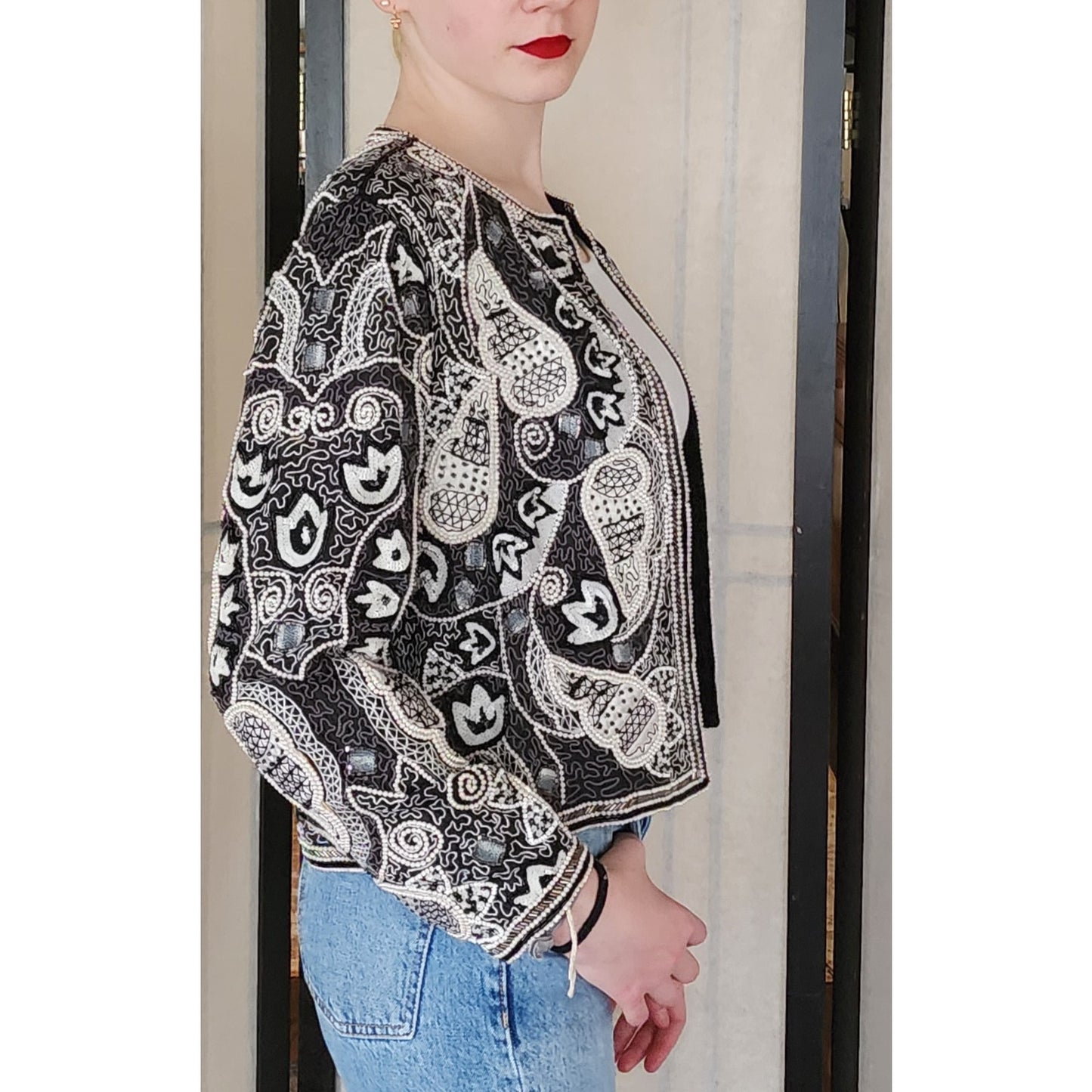 Vintage 80s Beaded Blazer Judith Ann Cropped Jacket Black & White Paisley
