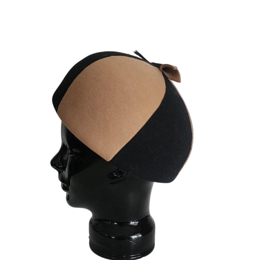 Vintage 60s Mod Bubble Hat Mr John Brown Black Wool felt w/Feather Helmet Style