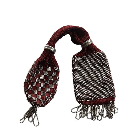 Antique Victorian Hand Bag Beaded Miser's Purse Burgundy Red Steel Beads Crochet