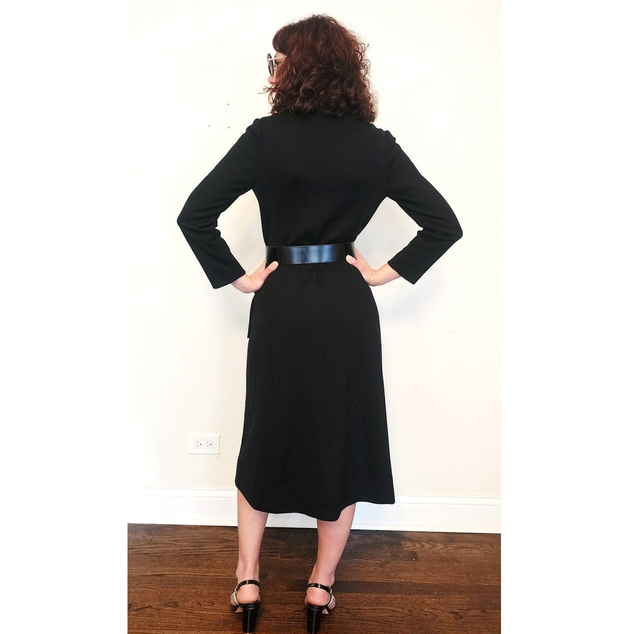 Vintage 1960s Dress Black Knit Wool + Gold Buttons, Belted by Gibi Italy