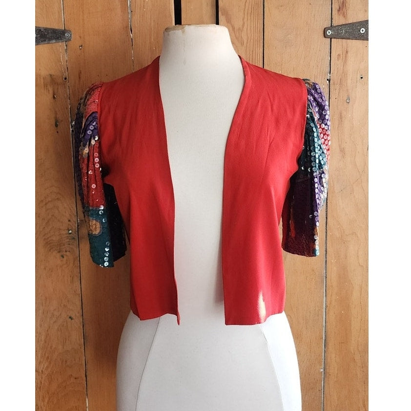 80s Cropped Jacket Red Silk + Sequined Sleees Sansappelle