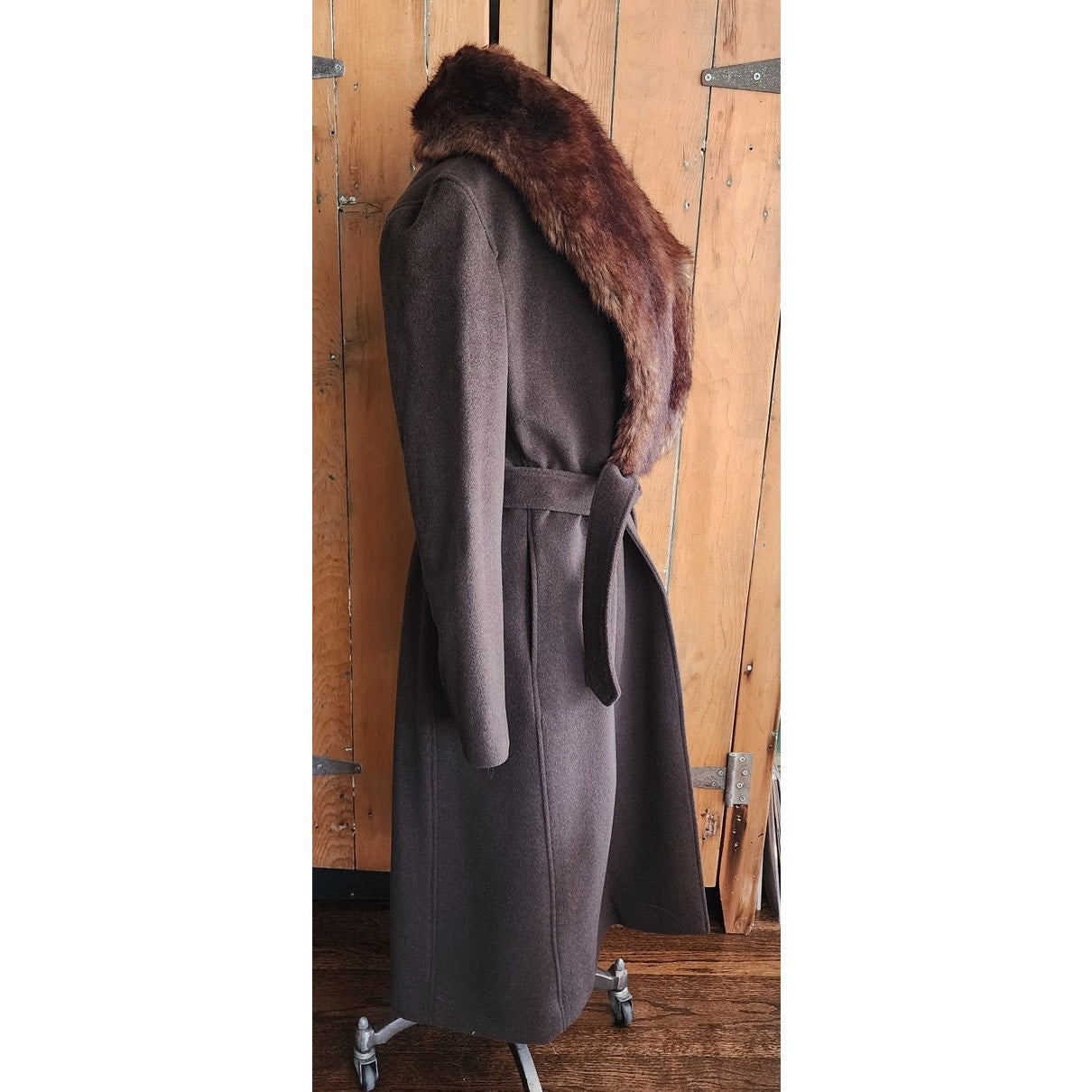 90s Brown Wool Coat Faux Fur Collar Ralph Lauren
