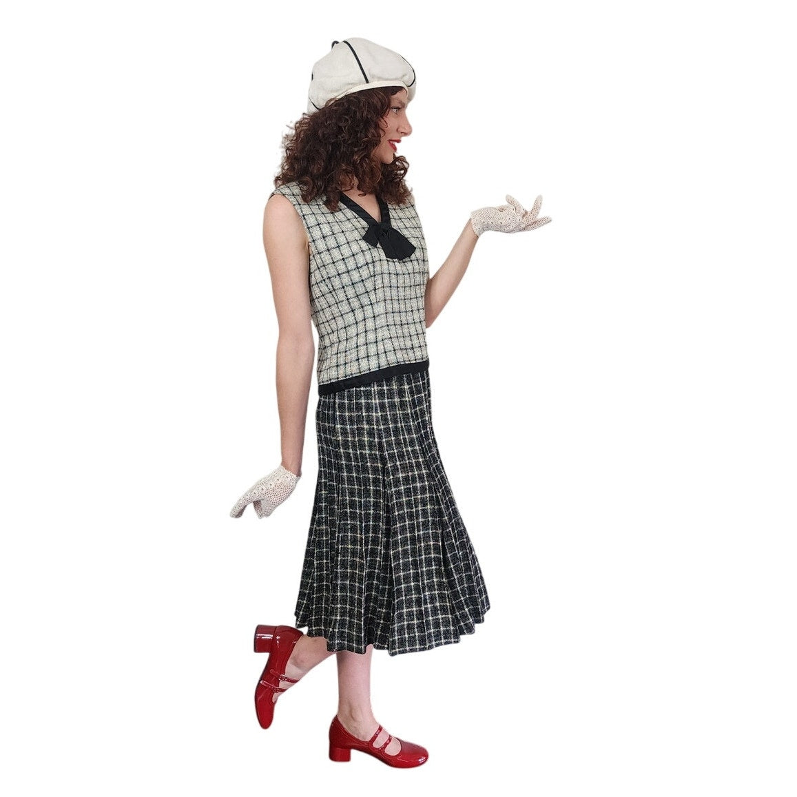 Vintage 1960s Christin Dior New York Suit Mod Three Piece Black White Check Wool