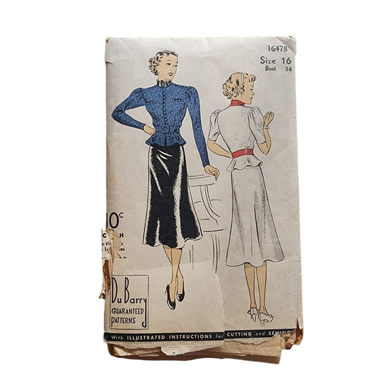 Vintage 1930s Sewing Pattern ORIGINAL: Belted Frock w/ Peplum Du Barry 1647B / Bust 34