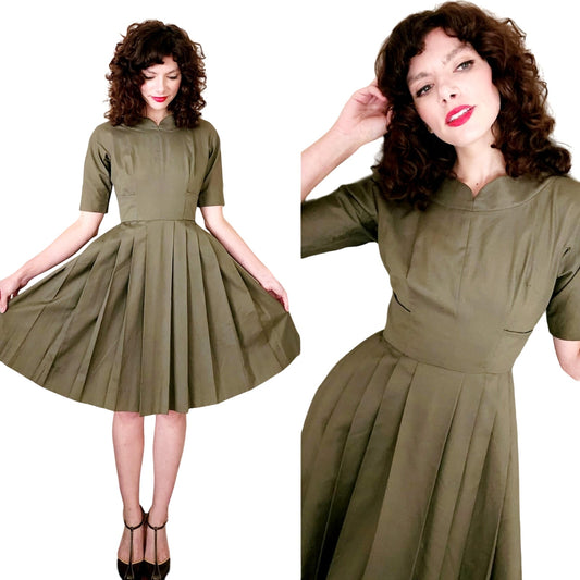 Vintage 50s Jacques Heim Couture Dress Olive Green Wool / Small