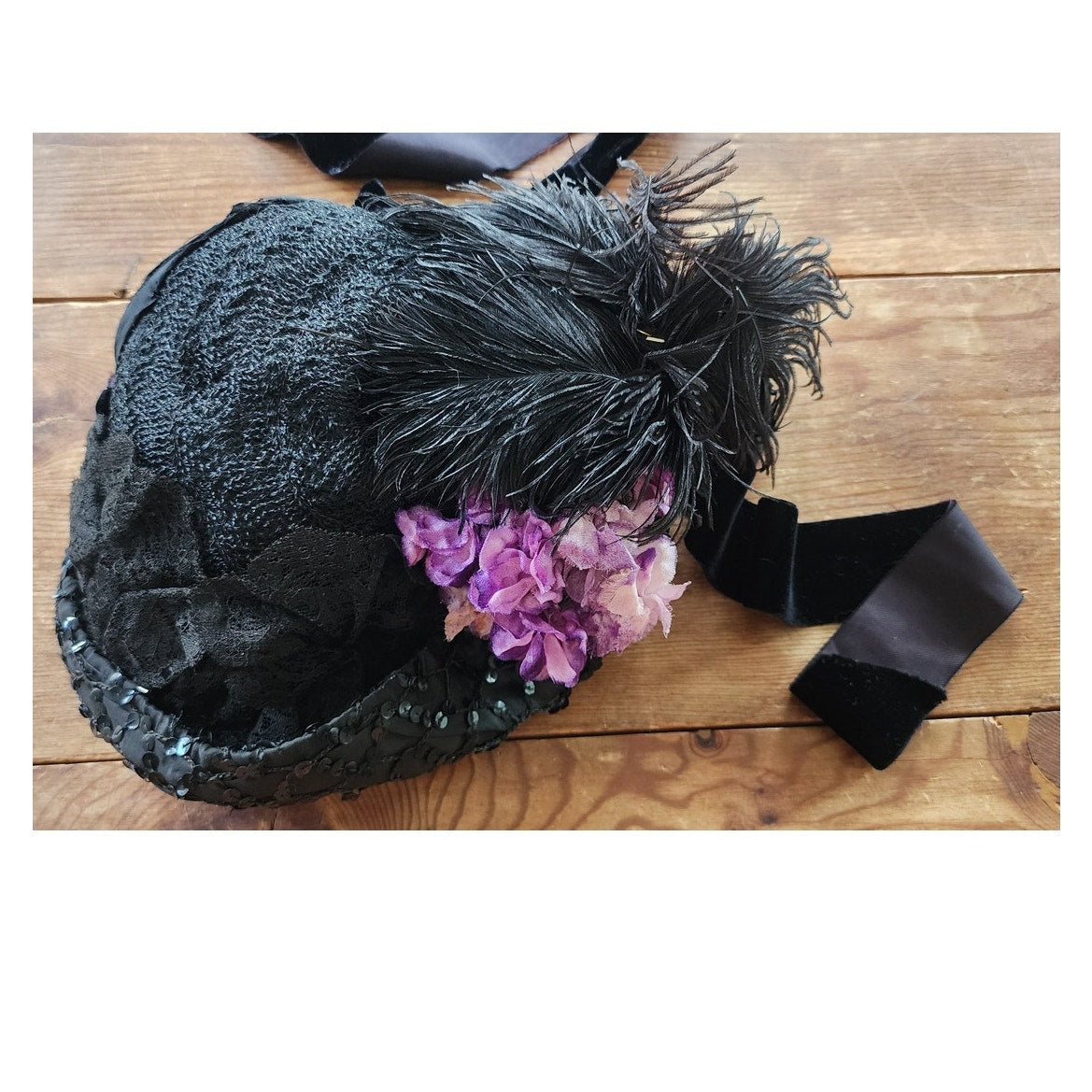 Antique Victorian Black Bonnet Hat Feathers Sequins Lace & Purple Flowers