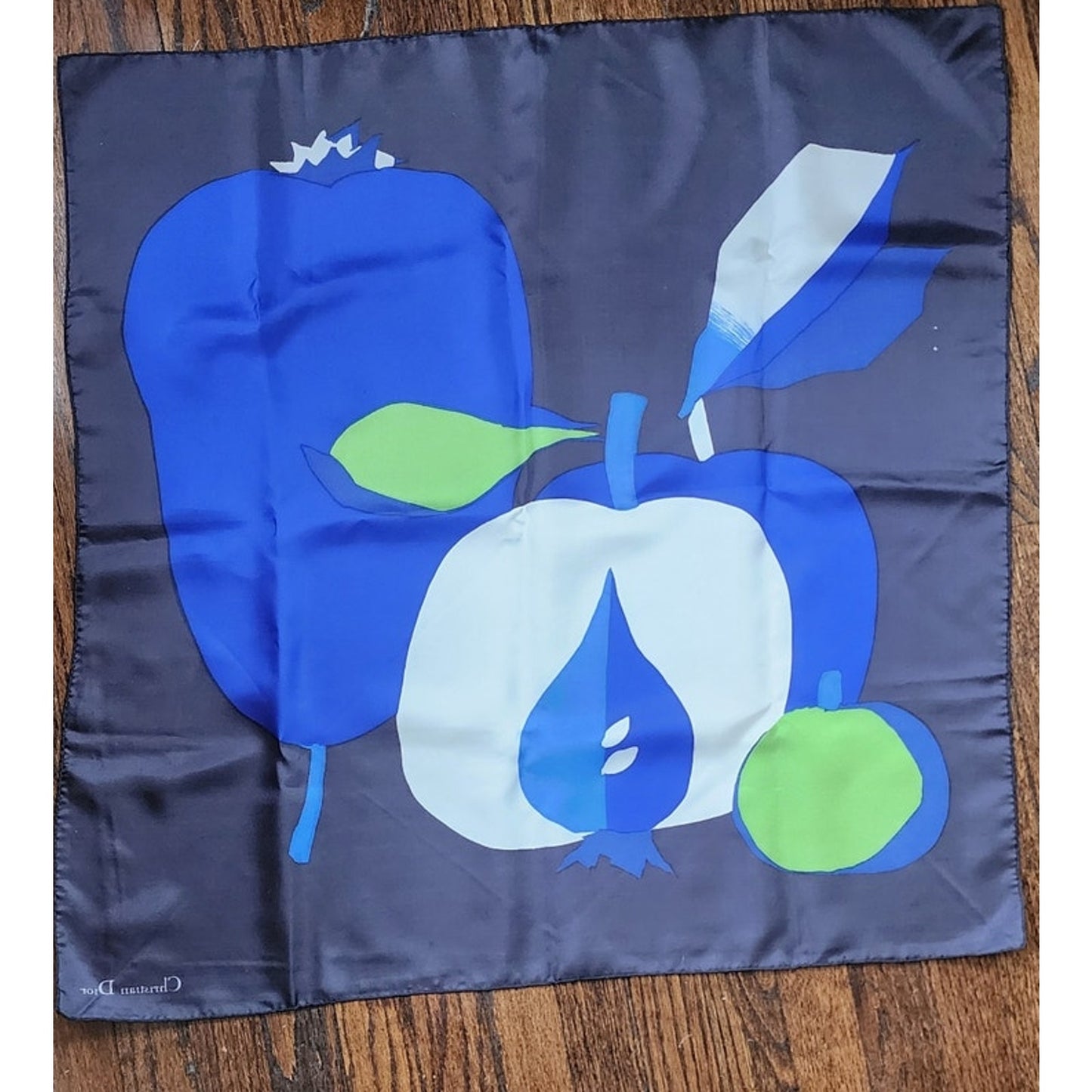 Vintage 80s Christian Dior Silk Scarf Fruit Art Still Life Blue Green Modernist