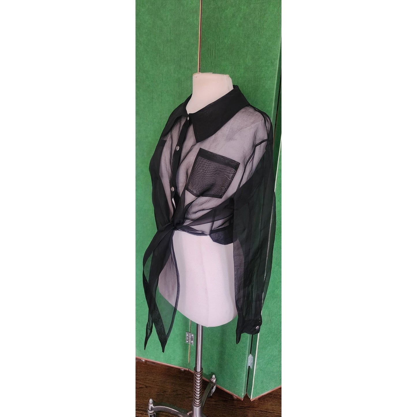 Vintage 90s Designer Blouse Black Sheer Silk Shirt Tie Front Victoria March Chicago