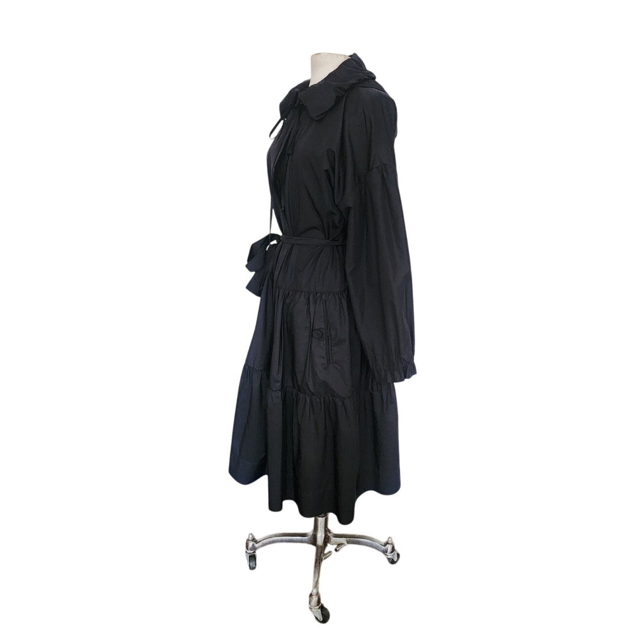 Vintage 2000s Sonia Rykiel Coat Dress / Black Trench Belted Raincoat Ruffled Skirt + Hood / M