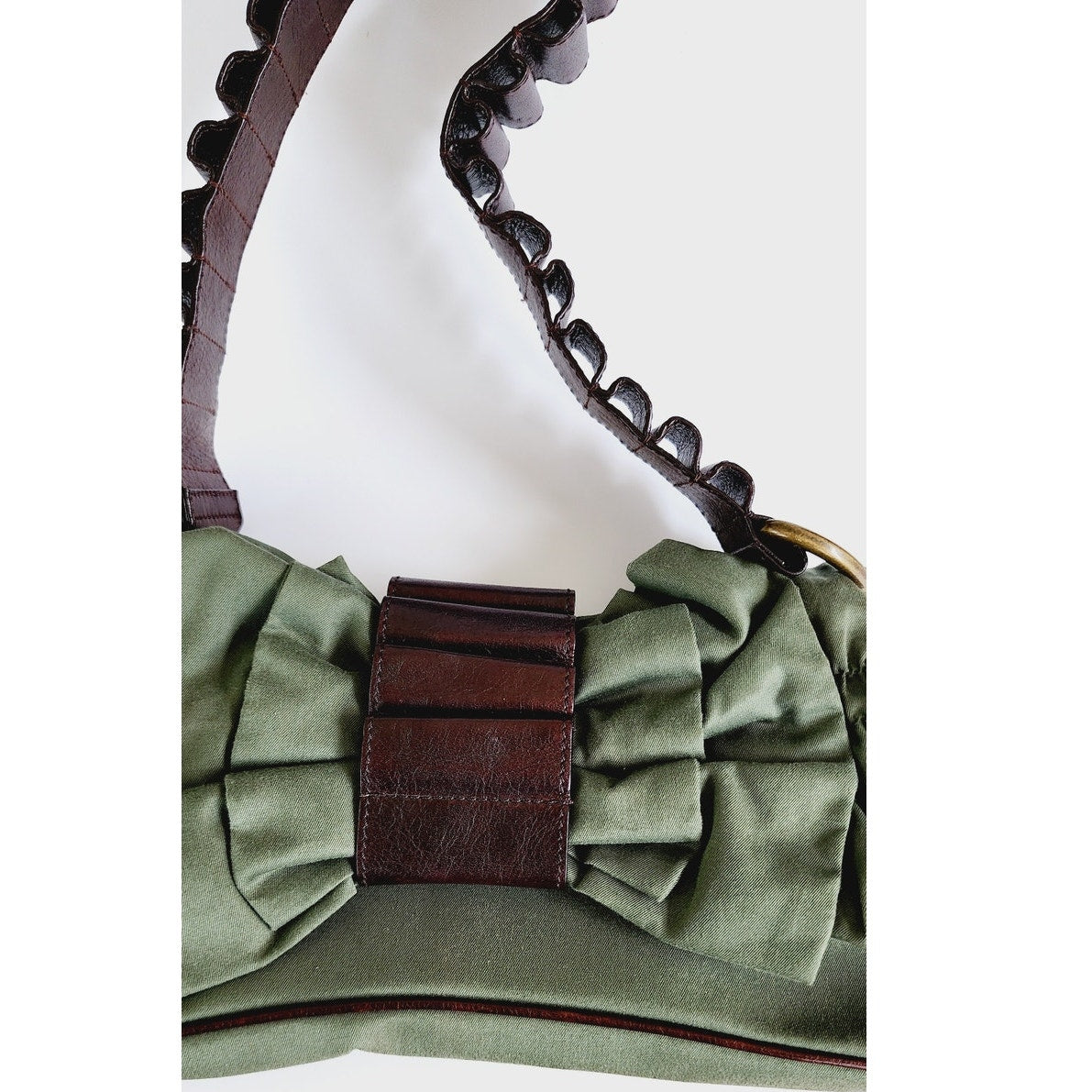 Vintage John Galliano Bag Green Fabric & Brown Leather w/ Bow Design