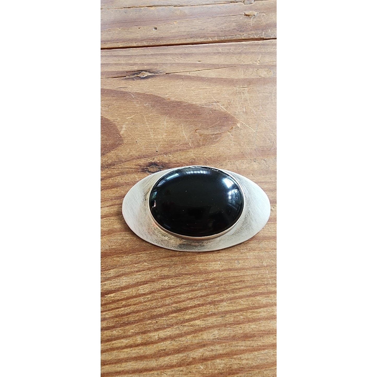 Vintage 90s Silver Brooch Black Onyx & Silver Eye Pin Signed