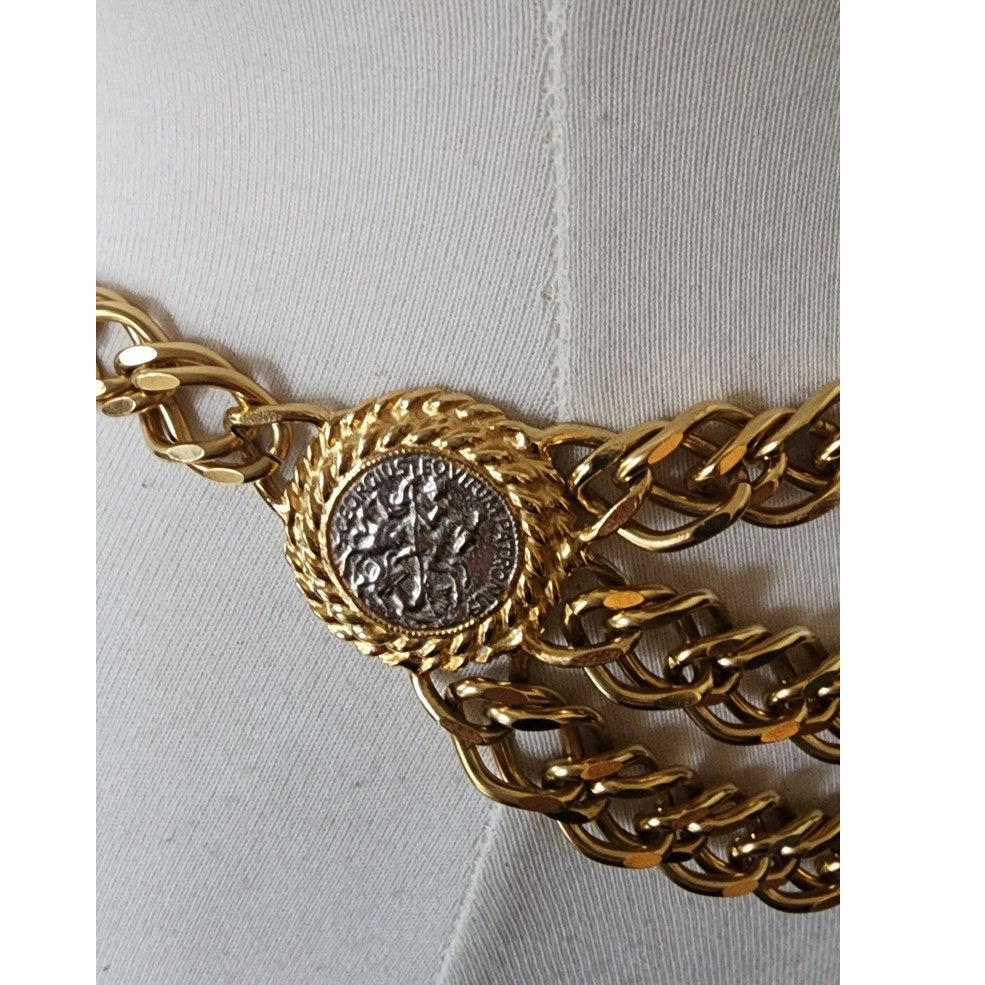 Vintage 90s Coin Belt Gold Chain Bellydancer St George & Silver Cross