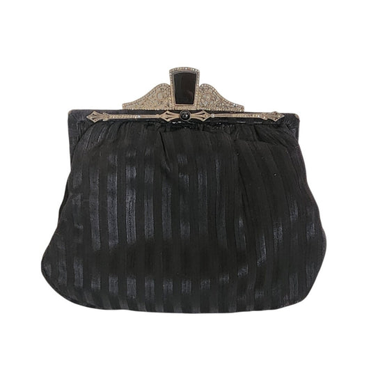 Antique Black Satin Evening Bag Art Nouveau Onyx Marquisite Frame