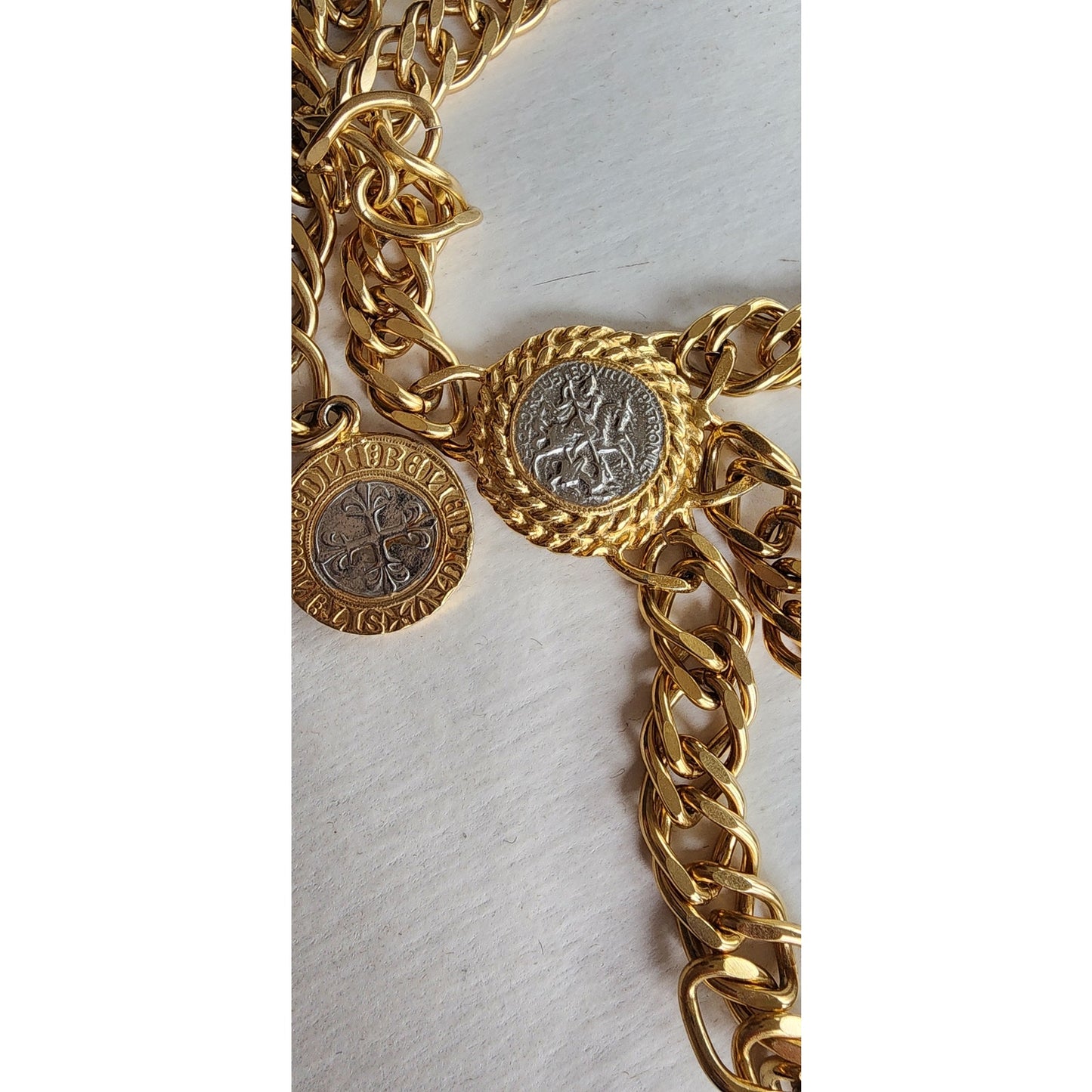 Vintage 90s Coin Belt Gold Chain Bellydancer St George & Silver Cross