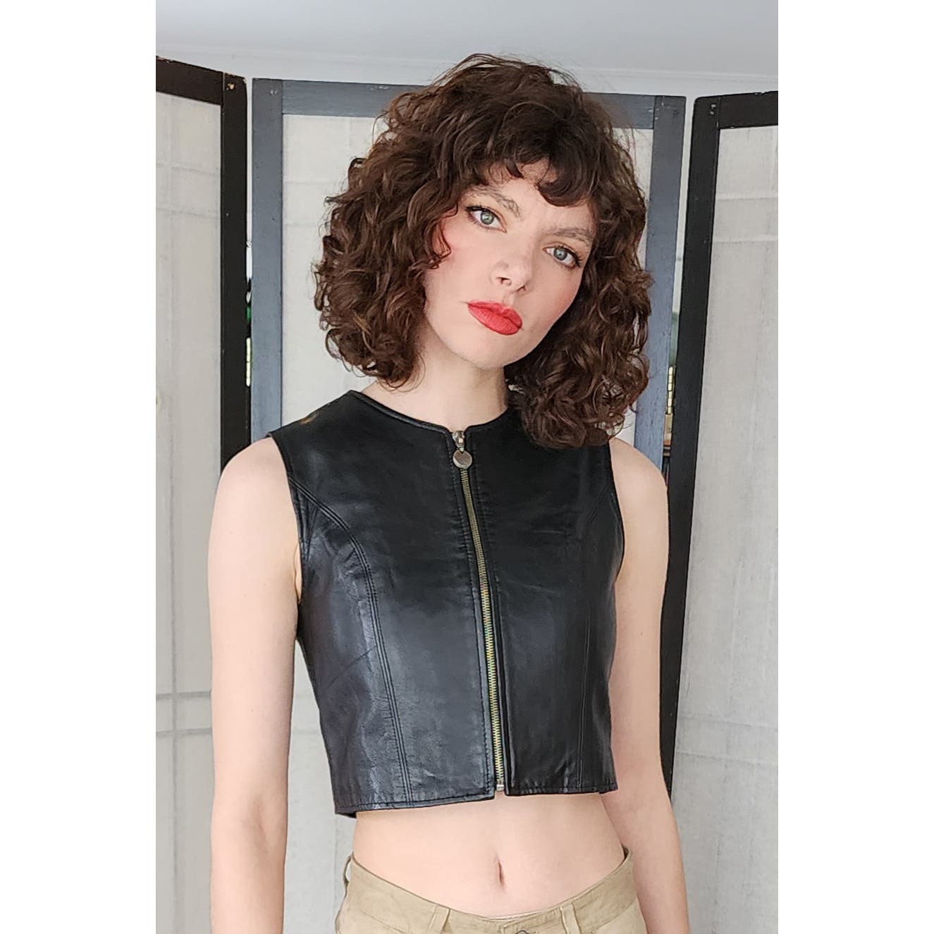 Vintage Y2K Black Leather Vest Zip Front Crop Top by Cayenne