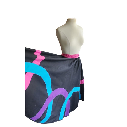 Vintage 80s Circle Skirt Multicolored Cotton Applique Converts to Strapless Dress Opus 1