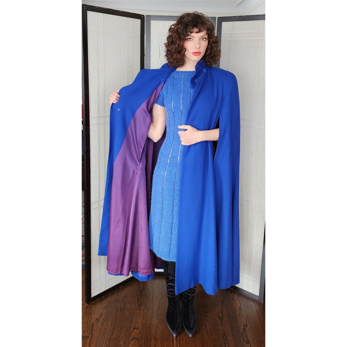 Vintage Blue Wool Cloak 80s Does 40s Large Shoulders