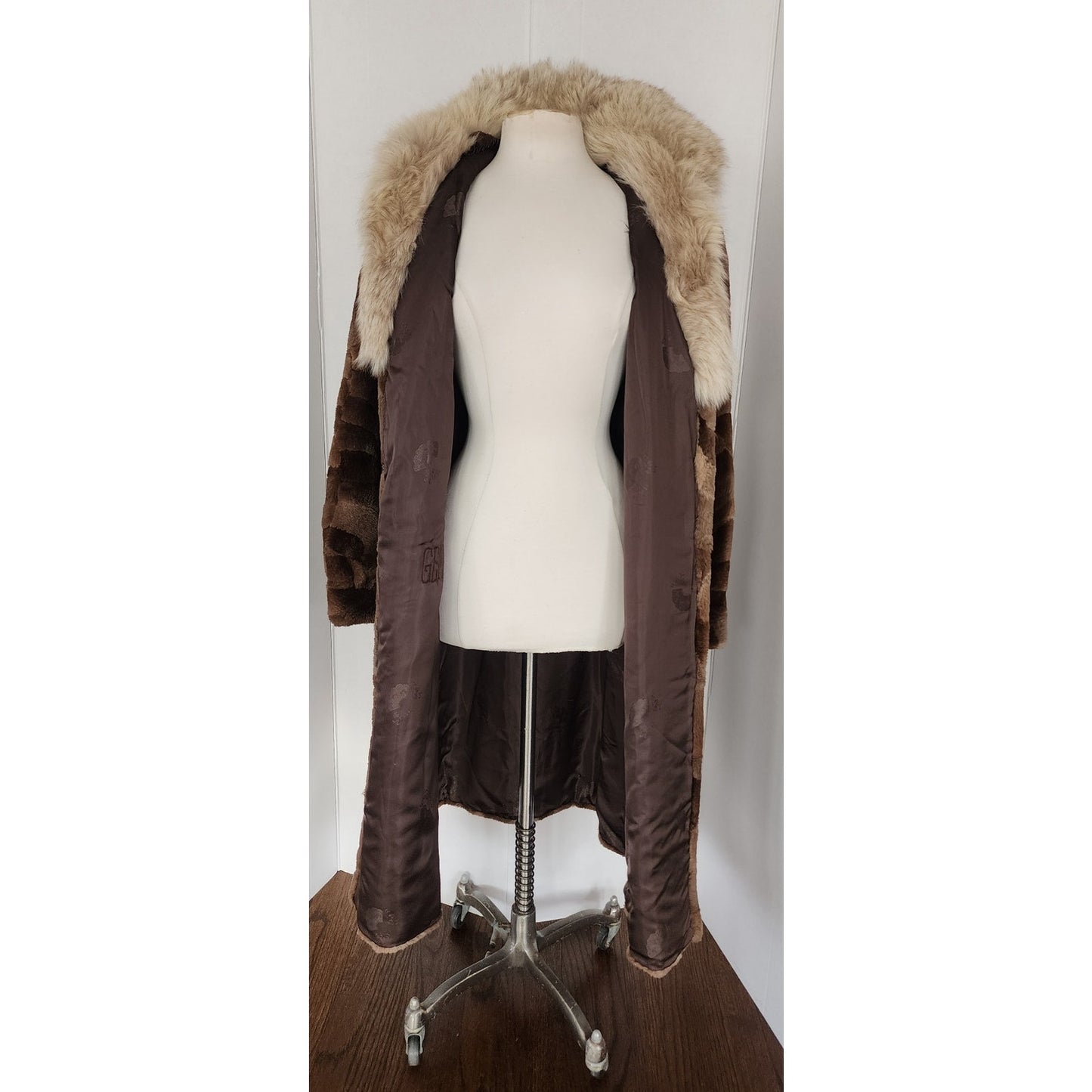 Vintage 80s Patchwork Fur Coat Sheared Beaver Blue Fox Collar