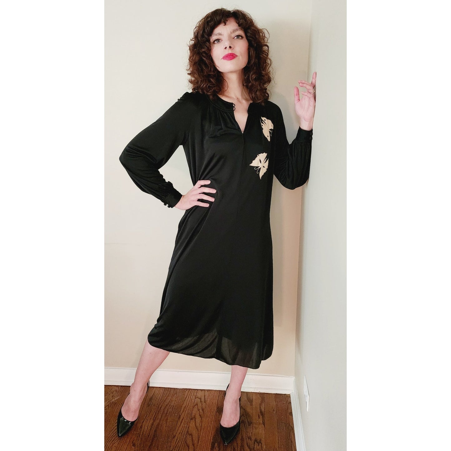 Vintage 70s Black Dress Butterfly Embroidery Ciao Ltd