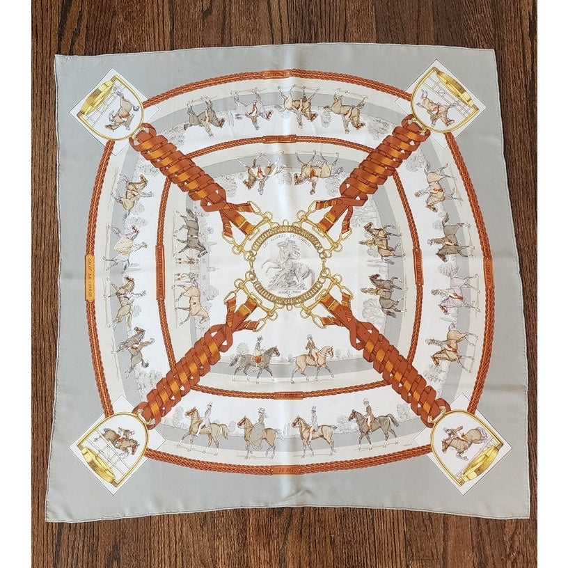 Hermes Silk Scarf "Les Allures de Cheval" by Ledoux Equestrian Horse Print Gray