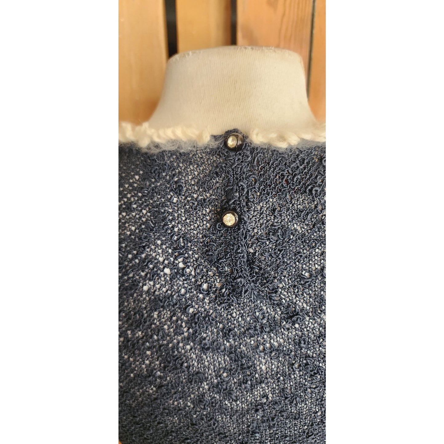 Vintage 50s Knit Top Navy Blue w/ Cream Crochet Trim Scotch Wool Shop / S