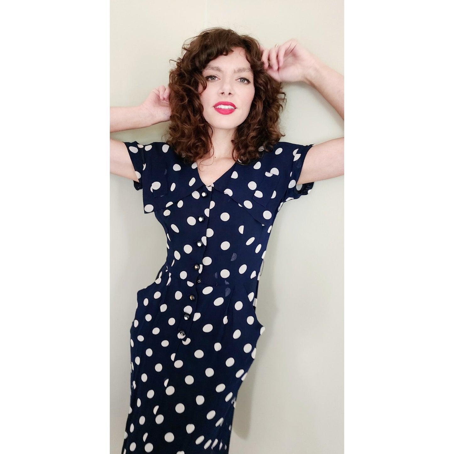 Vintage 40s Rayon Print Dress Navy Blue Polkadot  S