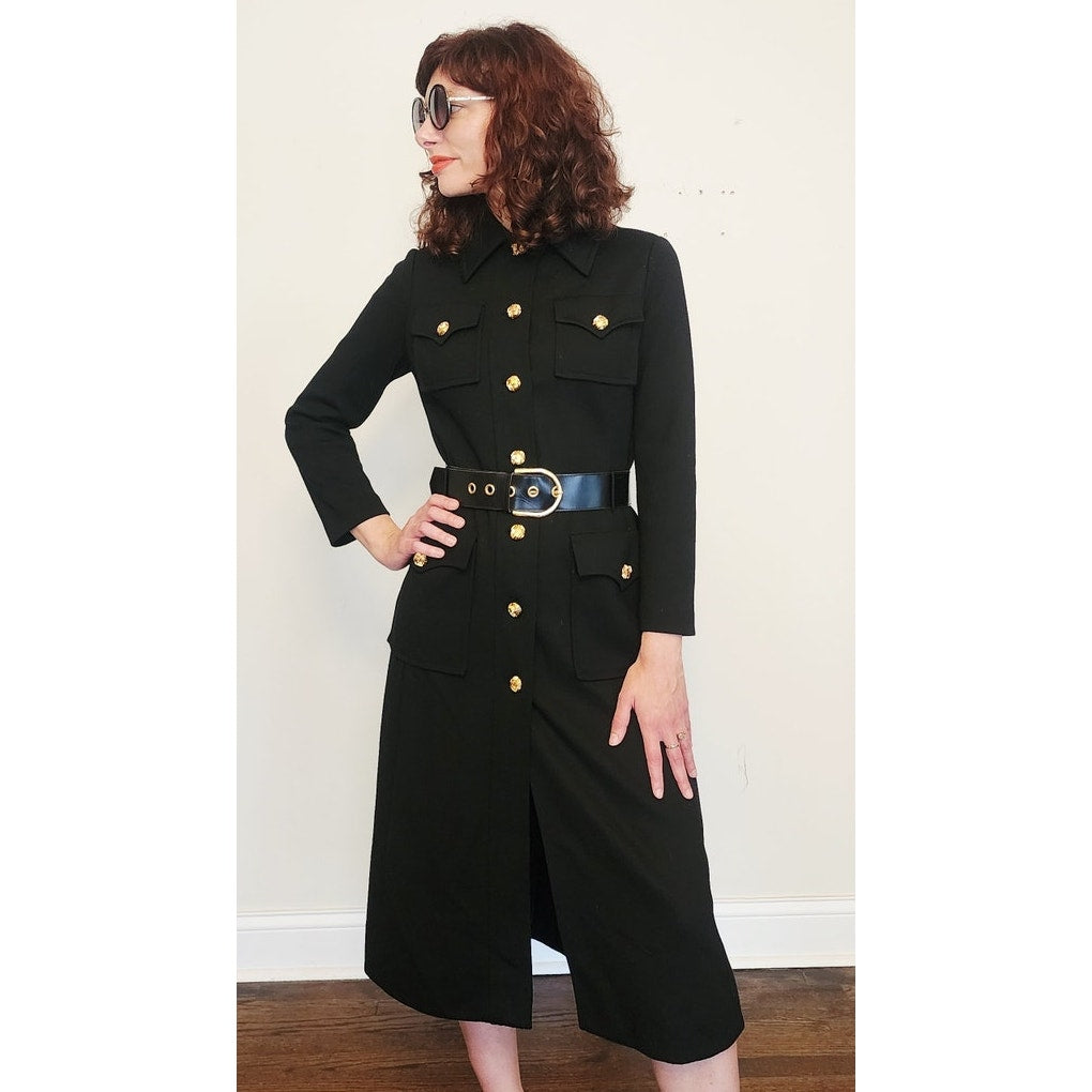 Vintage 1960s Dress Black Knit Wool + Gold Buttons, Belted by Gibi Italy