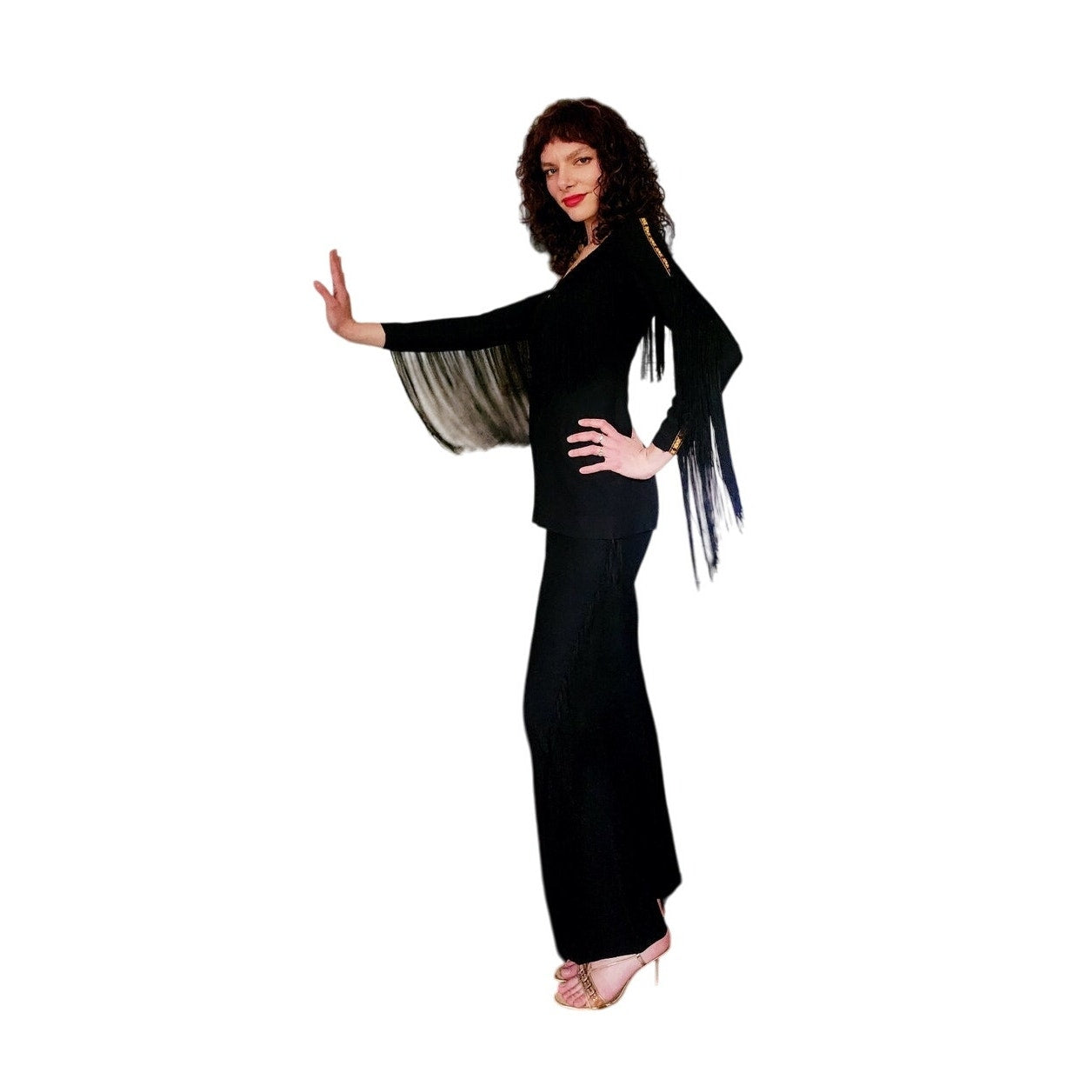 Vintage 70s Fringed Pant Suit Black w/Gold Embroidery by Climax / S