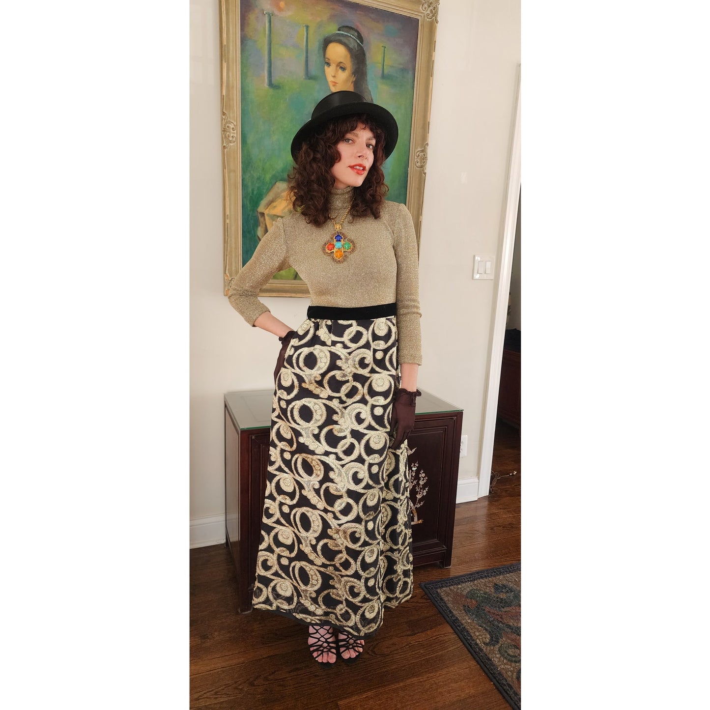Vintage 1970s Gold & Black Maxi Dress Metallic Spiral Swirl / S
