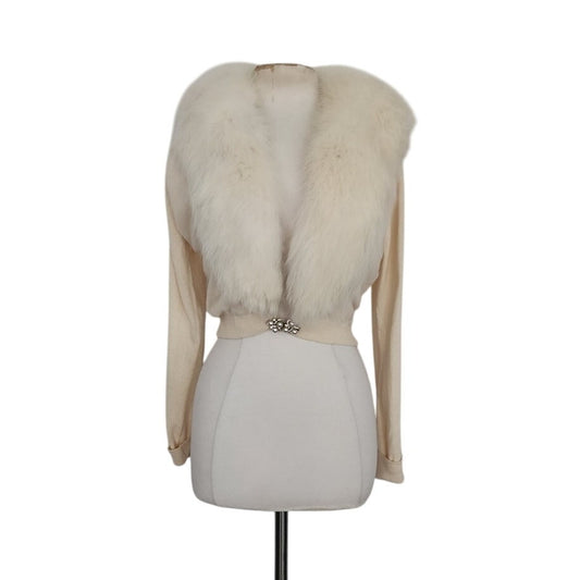 Vintage 1950s Cream Wool Cardigan White Fox Fur Collar Joseph Horne