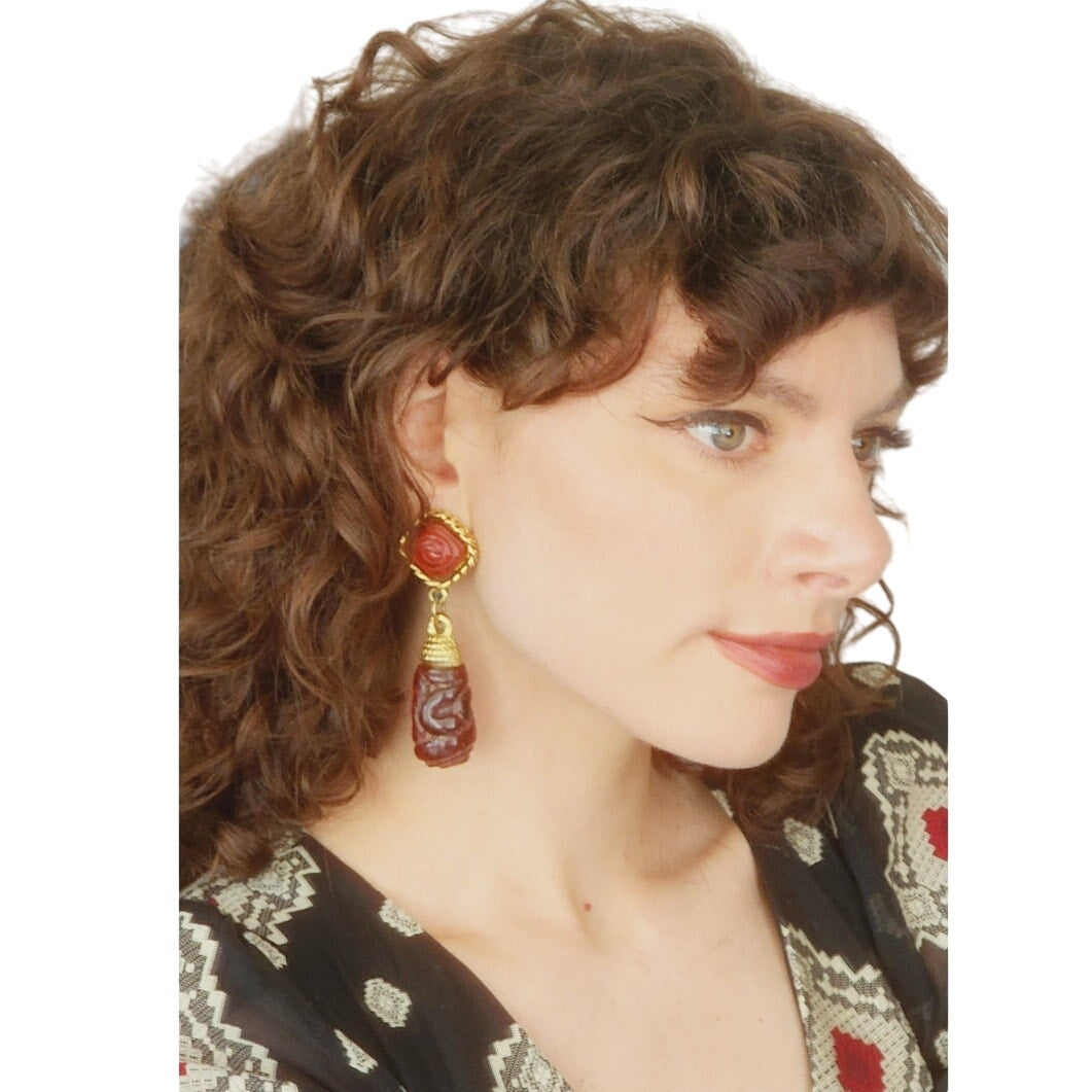 Vintage 80s Dangle Earrings Carved Red Glass Beads & Braided Gold