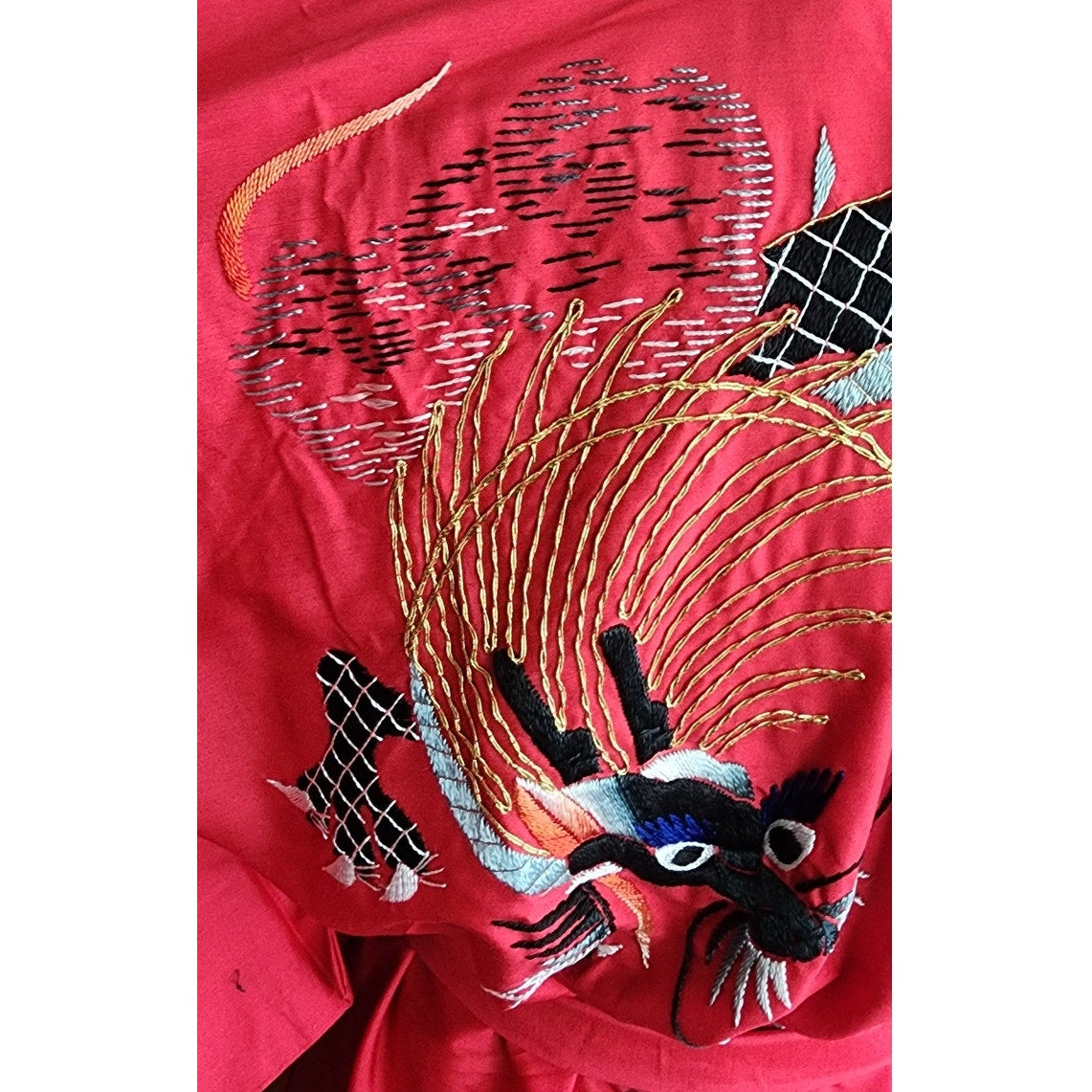 Vintage Japanese Dragon Robe Embroidered Red Silk
