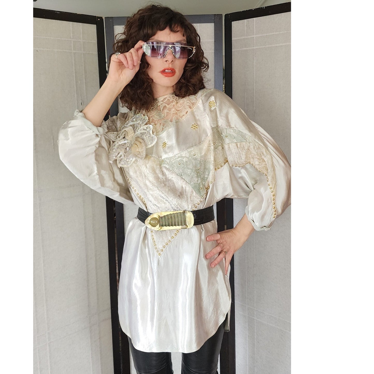 Vintage 80s Maick Harold Blouse Tunic Velvet Lace Sequins Applique Embroidery